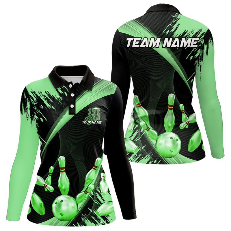 Personalized Black and Green Bowling Polo, Quarter Zip Shirts Custom Bowling Team Jersey