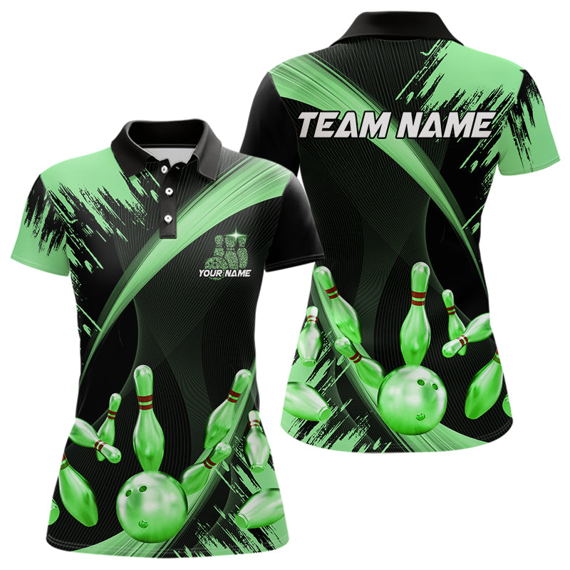 Personalized Black and Green Bowling Polo, Quarter Zip Shirts Custom Bowling Team Jersey