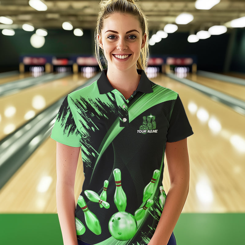 Personalized Black and Green Bowling Polo, Quarter Zip Shirts Custom Bowling Team Jersey