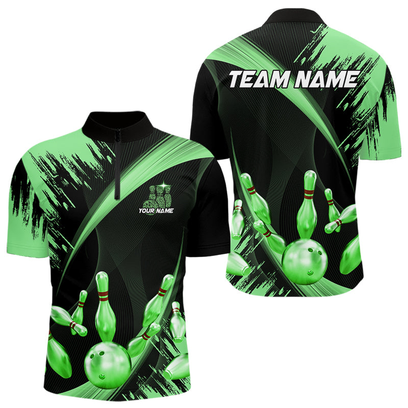 Personalized Black and Green Bowling Polo, Quarter Zip Shirts Custom Bowling Team Jersey