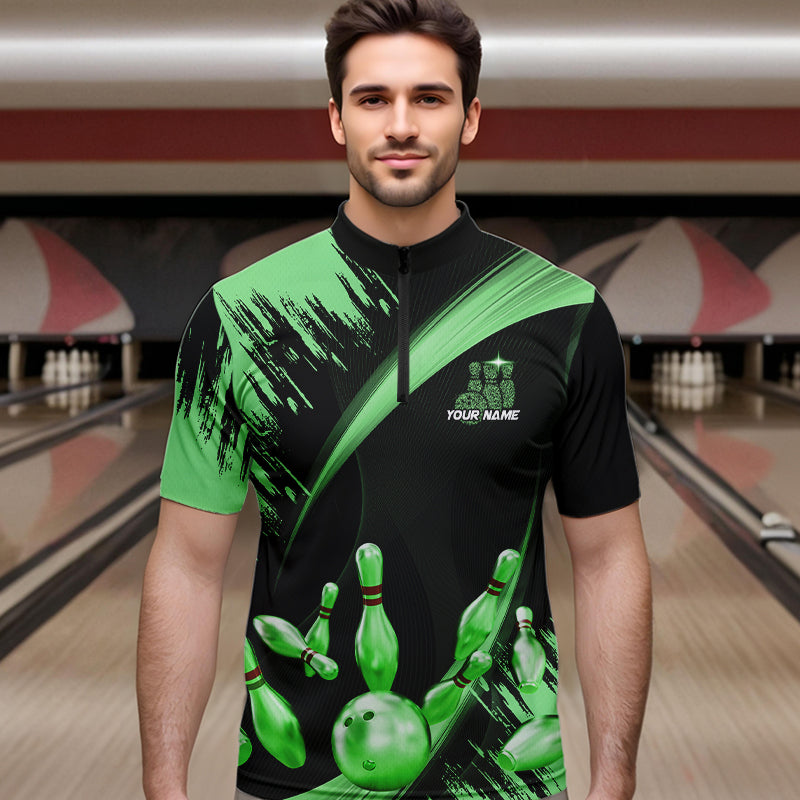 Personalized Black and Green Bowling Polo, Quarter Zip Shirts Custom Bowling Team Jersey