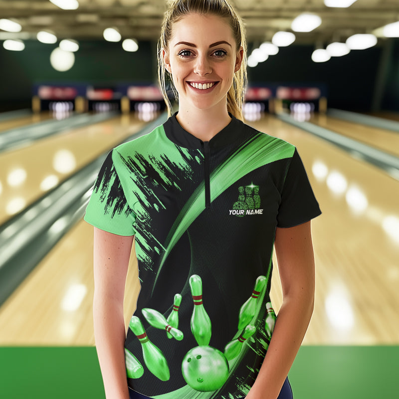 Personalized Black and Green Bowling Polo, Quarter Zip Shirts Custom Bowling Team Jersey