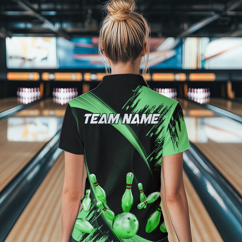 Personalized Black and Green Bowling Polo, Quarter Zip Shirts Custom Bowling Team Jersey