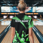 Personalized Black and Green Bowling Polo, Quarter Zip Shirts Custom Bowling Team Jersey