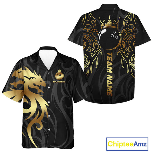 Black and Gold Dragon tribal crown Bowling ball Hawaiian Shirt Custom Bowling Team League Jerseys