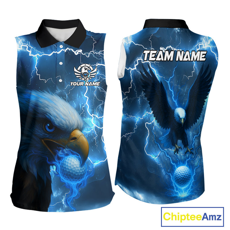 Blue Lightning Thunder Eagle Sleeveless Polo Shirt custom golf top, team golf shirts