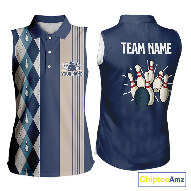 Retro Blue argyle pattern Sleeveless Polo Shirt custom bowling team jersey Bowler Outfit