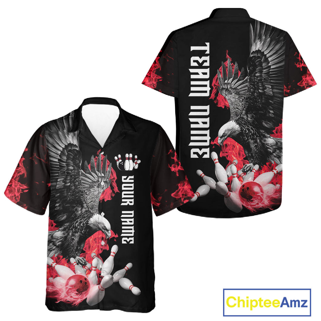 Custom Red Flame Black Eagle Bowling Hawaiian Shirt, Team Bowling Button up Clothes