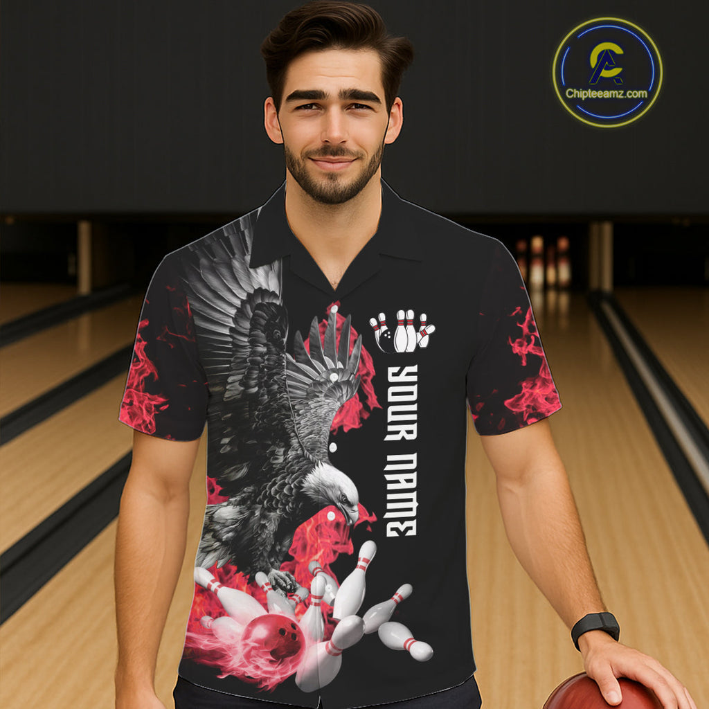 Custom Red Flame Black Eagle Bowling Hawaiian Shirt, Team Bowling Button up Clothes