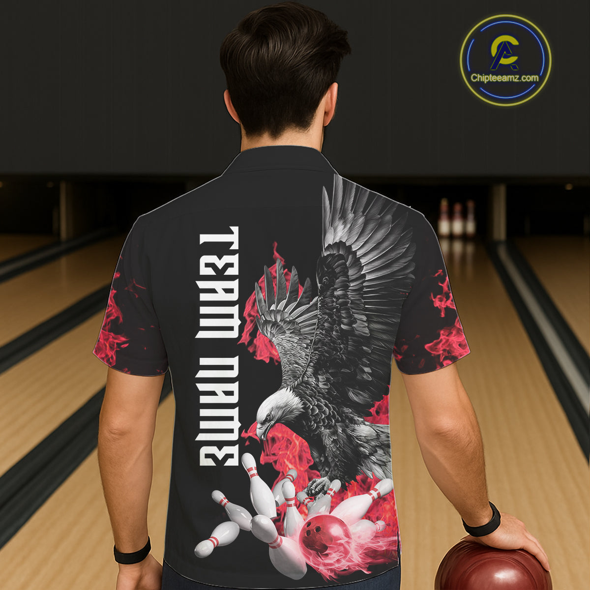 Custom Red Flame Black Eagle Bowling Hawaiian Shirt, Team Bowling Button up Clothes