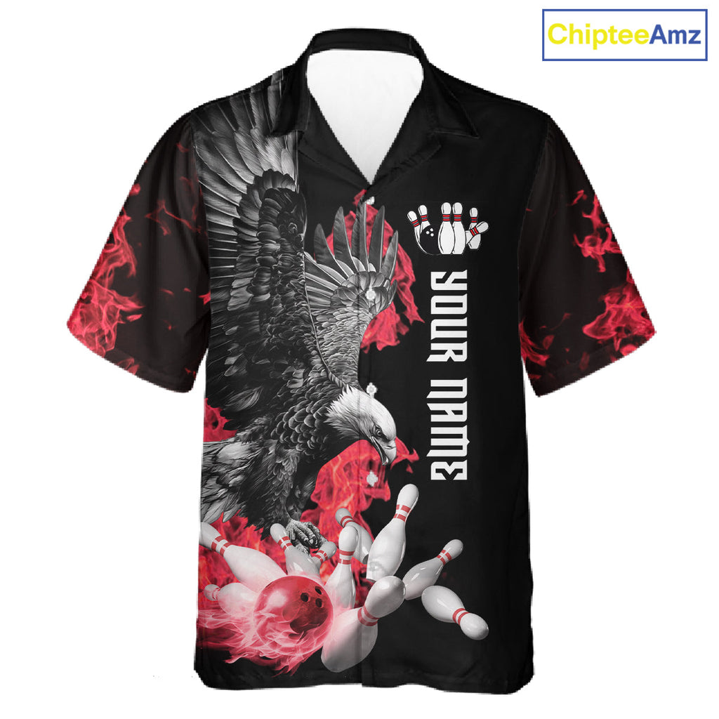 Custom Red Flame Black Eagle Bowling Hawaiian Shirt, Team Bowling Button up Clothes