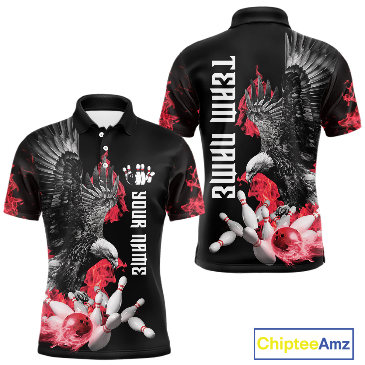 Custom Red Flame Black Eagle Bowling Polo, Quarter Zip Shirt, Team Bowling Clothes