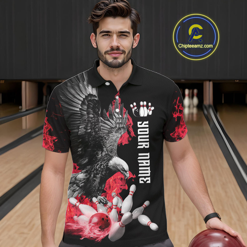 Custom Red Flame Black Eagle Bowling Polo, Quarter Zip Shirt, Team Bowling Clothes