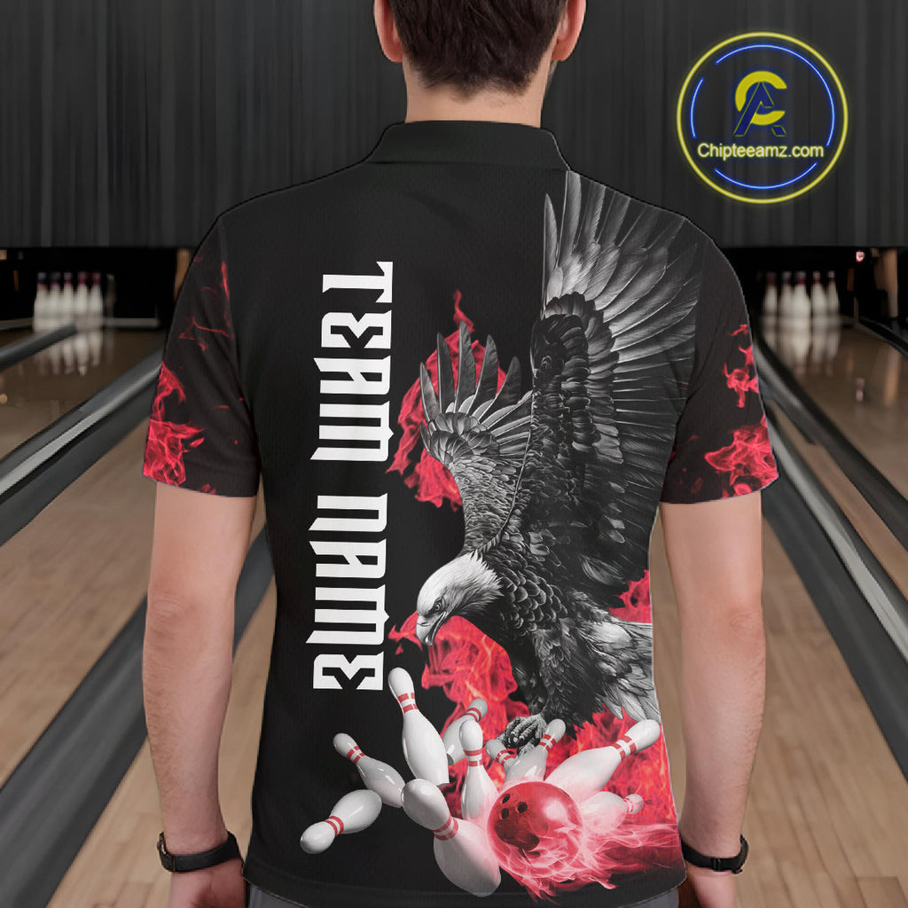 Custom Red Flame Black Eagle Bowling Polo, Quarter Zip Shirt, Team Bowling Clothes