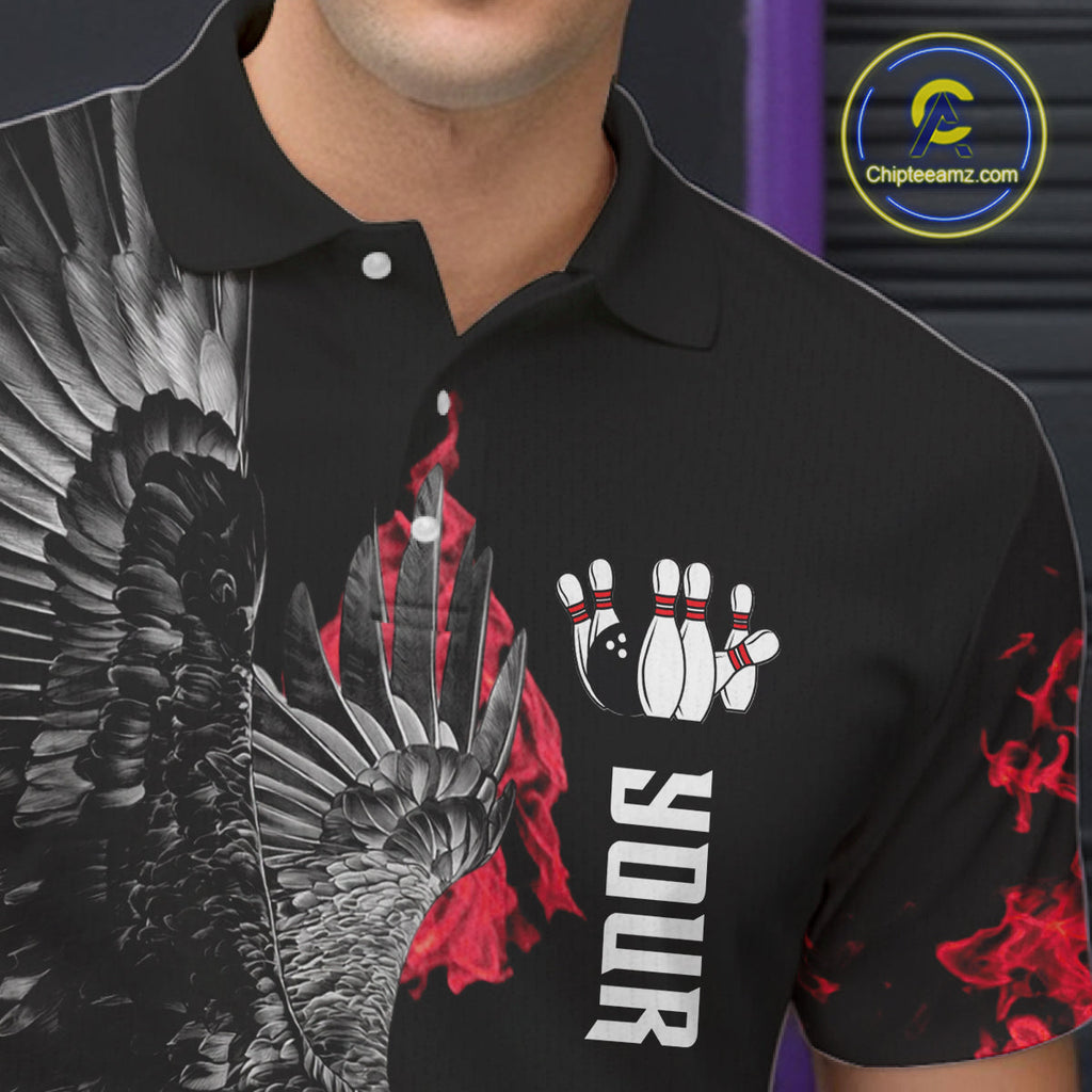 Custom Red Flame Black Eagle Bowling Polo, Quarter Zip Shirt, Team Bowling Clothes