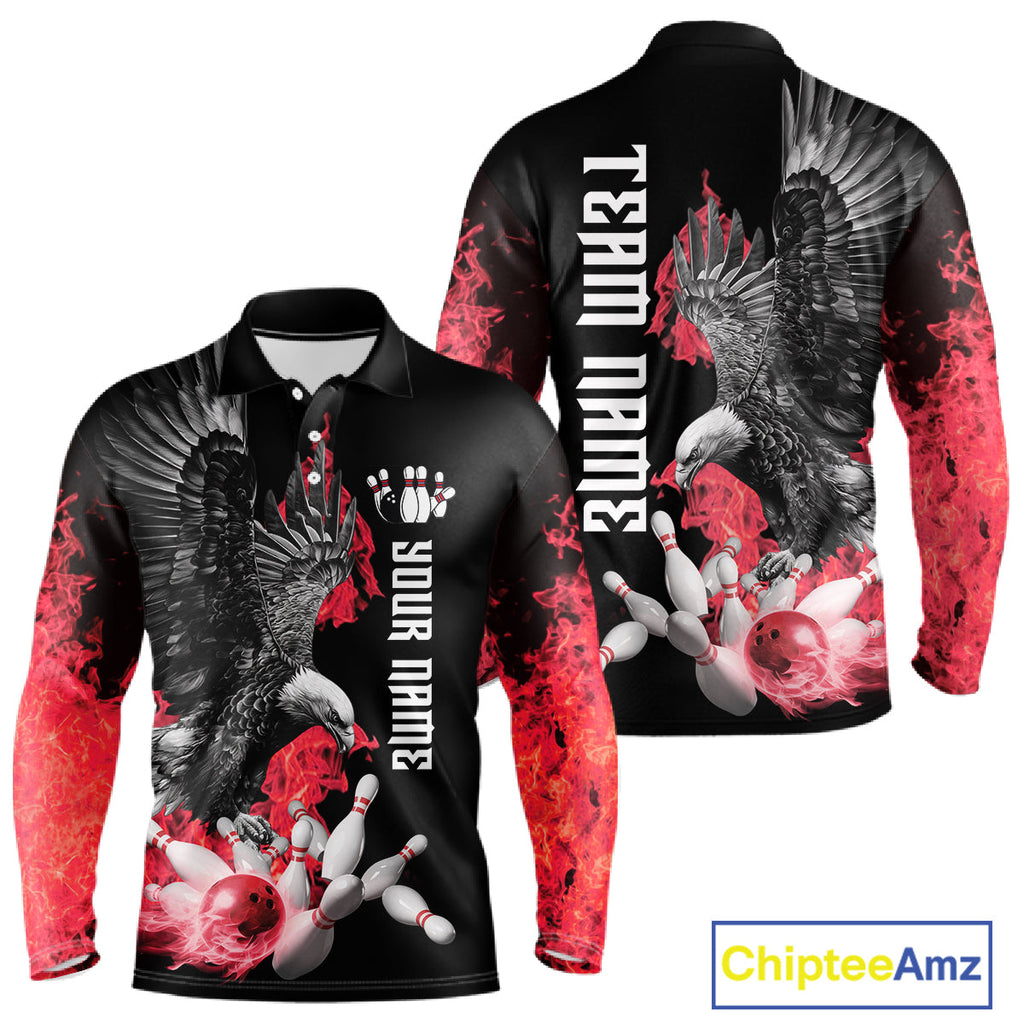 Custom Red Flame Black Eagle Bowling Polo, Quarter Zip Shirt, Team Bowling Clothes