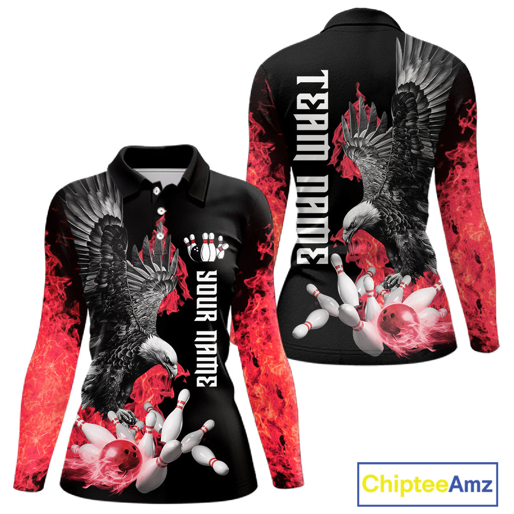 Custom Red Flame Black Eagle Bowling Polo, Quarter Zip Shirt, Team Bowling Clothes