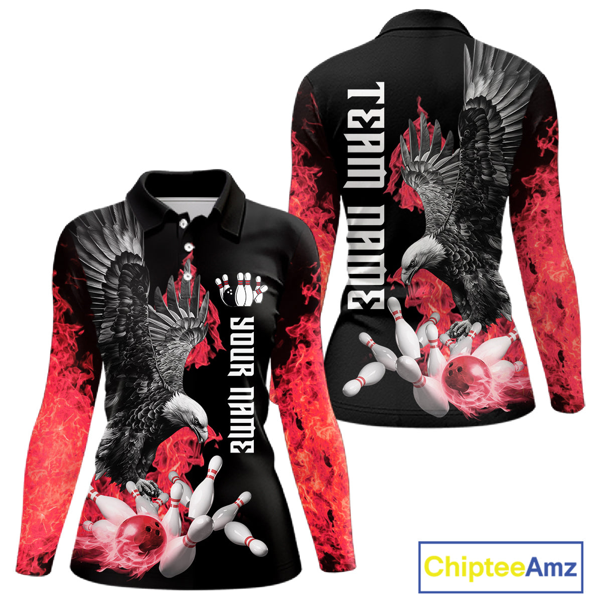 Custom Red Flame Black Eagle Bowling Polo, Quarter Zip Shirt, Team Bowling Clothes