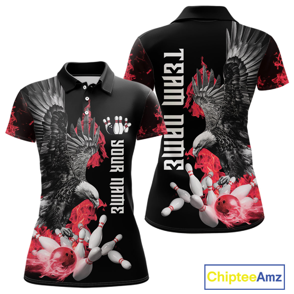 Custom Red Flame Black Eagle Bowling Polo, Quarter Zip Shirt, Team Bowling Clothes