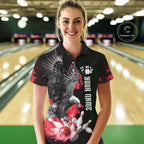 Custom Red Flame Black Eagle Bowling Polo, Quarter Zip Shirt, Team Bowling Clothes