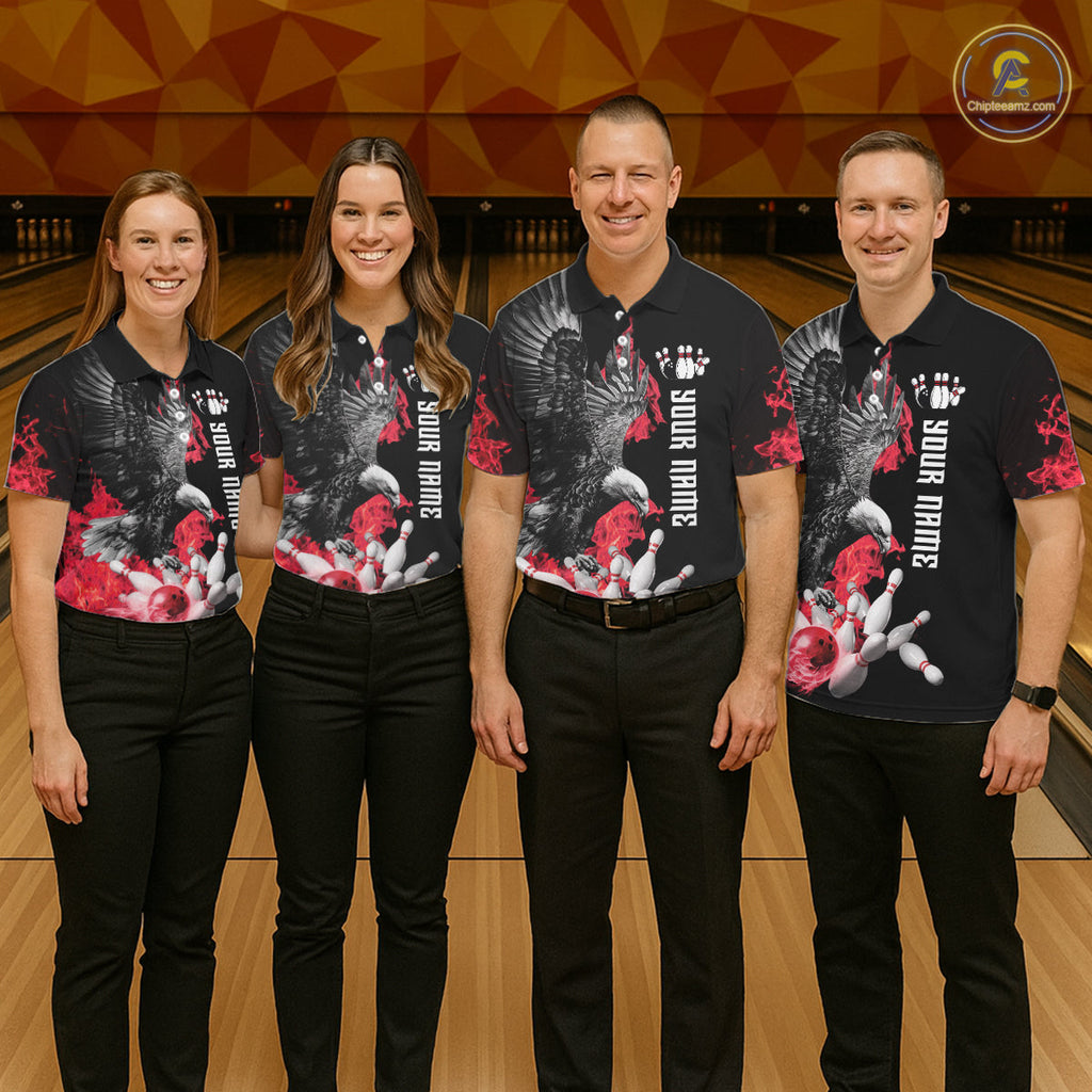 Custom Red Flame Black Eagle Bowling Polo, Quarter Zip Shirt, Team Bowling Clothes
