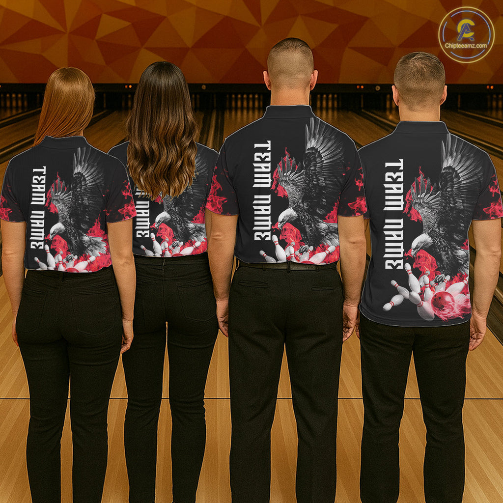 Custom Red Flame Black Eagle Bowling Polo, Quarter Zip Shirt, Team Bowling Clothes