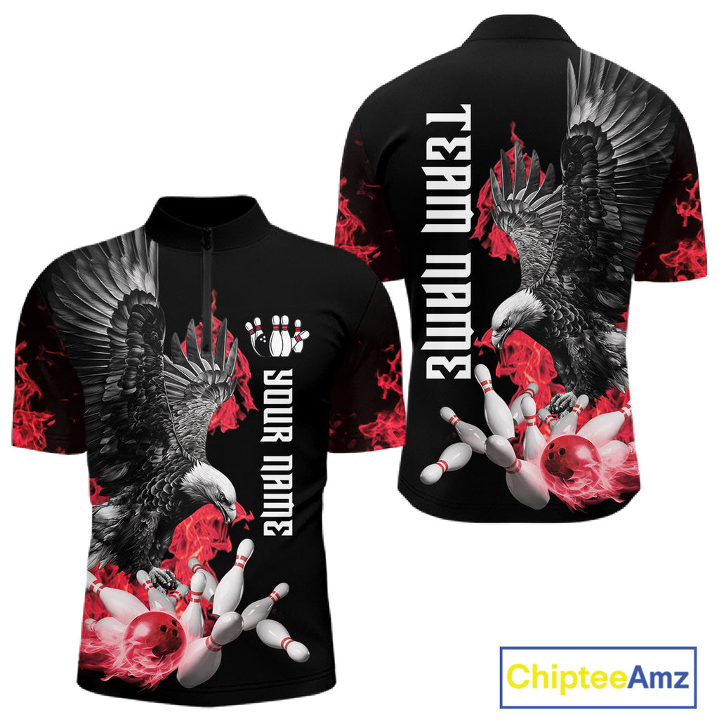 Custom Red Flame Black Eagle Bowling Polo, Quarter Zip Shirt, Team Bowling Clothes