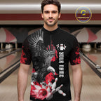 Custom Red Flame Black Eagle Bowling Polo, Quarter Zip Shirt, Team Bowling Clothes