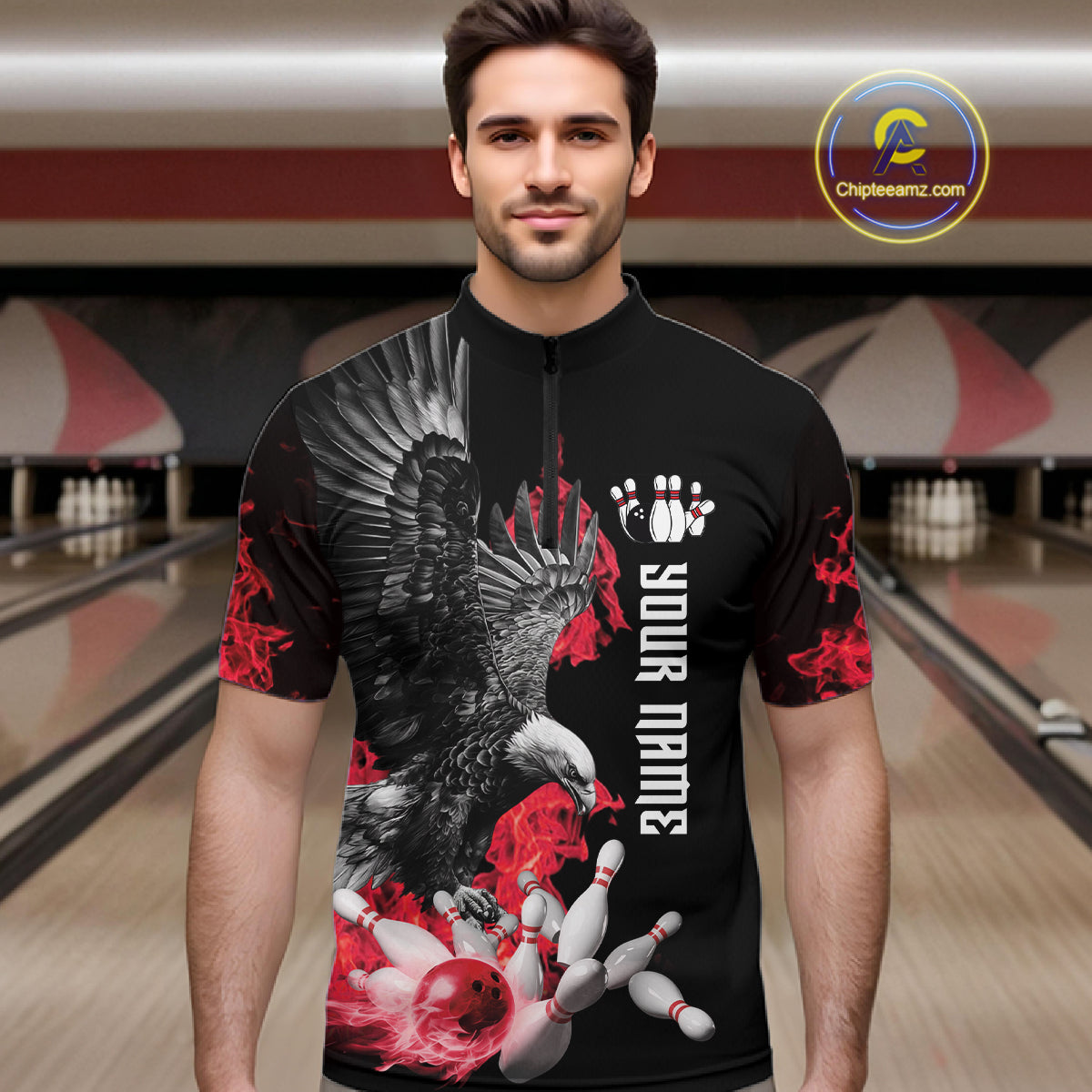 Custom Red Flame Black Eagle Bowling Polo, Quarter Zip Shirt, Team Bowling Clothes