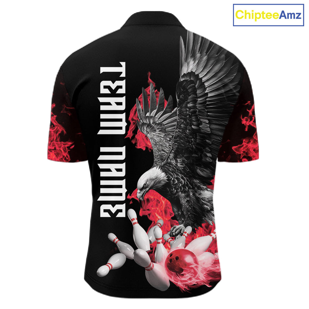 Custom Red Flame Black Eagle Bowling Polo, Quarter Zip Shirt, Team Bowling Clothes