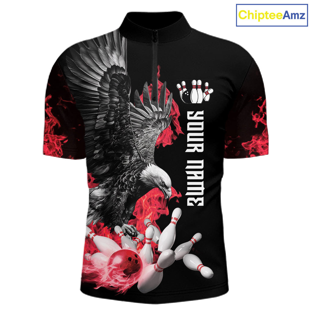 Custom Red Flame Black Eagle Bowling Polo, Quarter Zip Shirt, Team Bowling Clothes