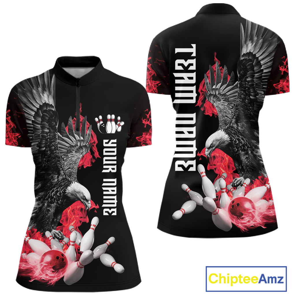 Custom Red Flame Black Eagle Bowling Polo, Quarter Zip Shirt, Team Bowling Clothes