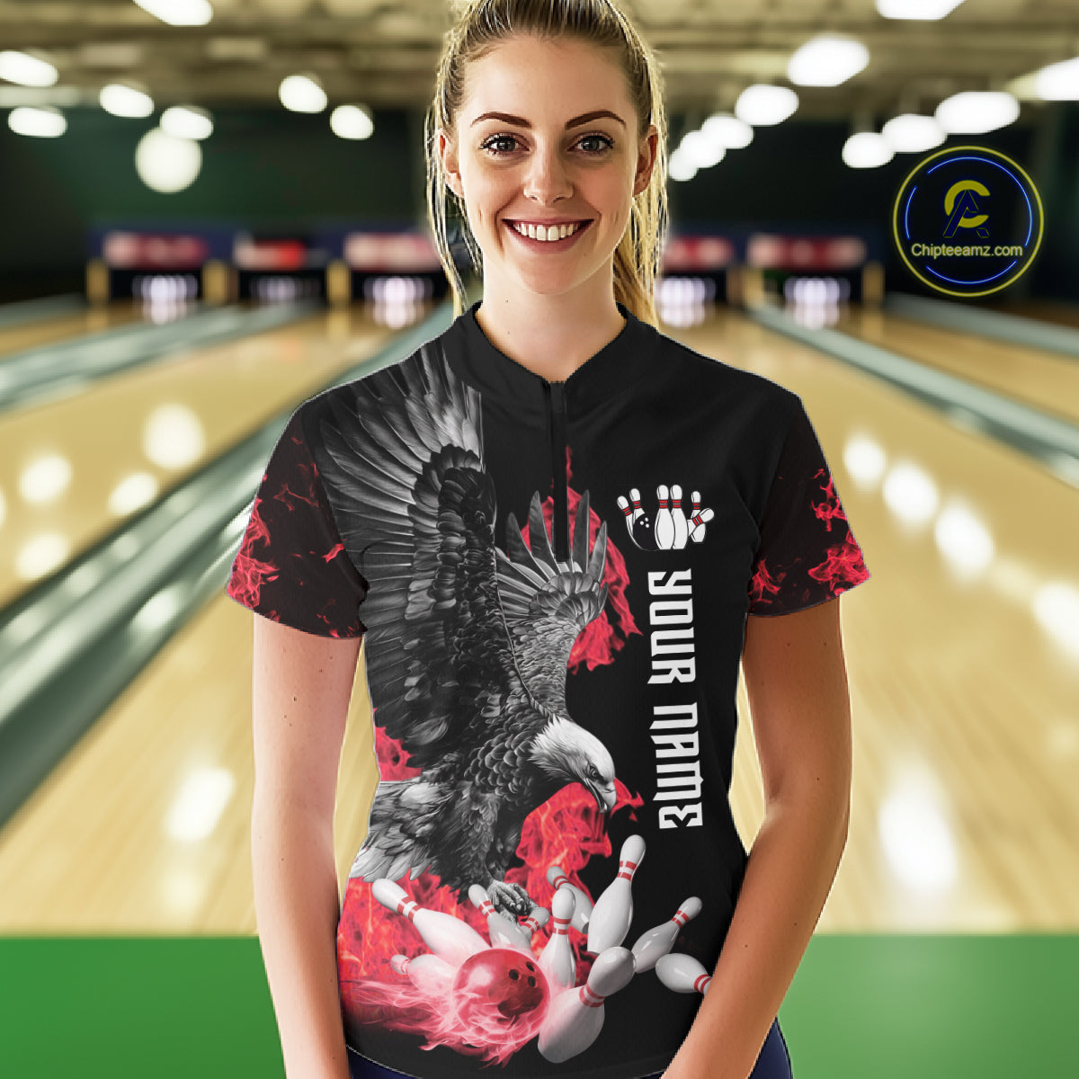 Custom Red Flame Black Eagle Bowling Polo, Quarter Zip Shirt, Team Bowling Clothes