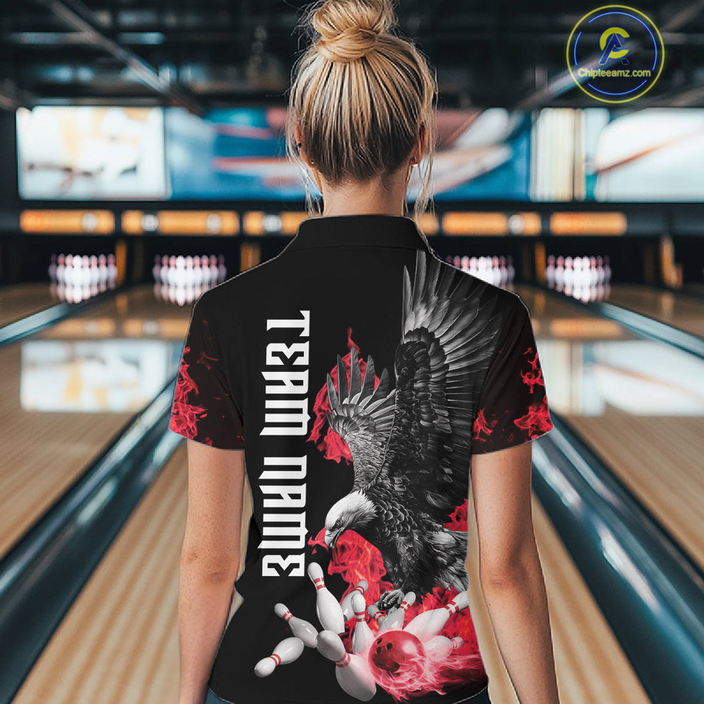 Custom Red Flame Black Eagle Bowling Polo, Quarter Zip Shirt, Team Bowling Clothes