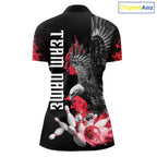 Custom Red Flame Black Eagle Bowling Polo, Quarter Zip Shirt, Team Bowling Clothes