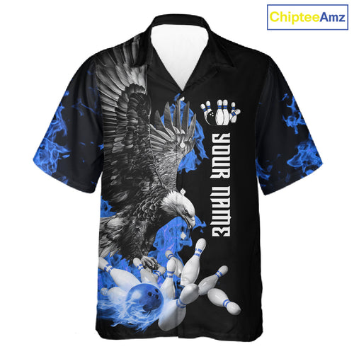 Custom Blue Flame Black Eagle Bowling Hawaiian Shirt, Team Bowling Button up Clothes