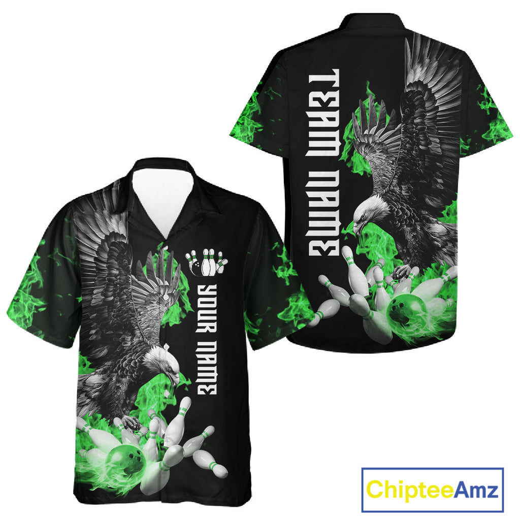 Custom Green Flame Black Eagle Bowling Hawaiian Shirt, Team Bowling Button up Clothes