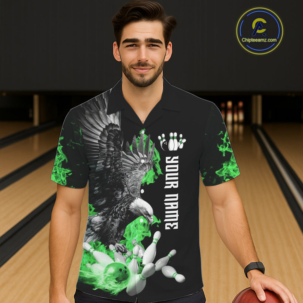 Custom Green Flame Black Eagle Bowling Hawaiian Shirt, Team Bowling Button up Clothes