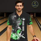 Custom Green Flame Black Eagle Bowling Hawaiian Shirt, Team Bowling Button up Clothes