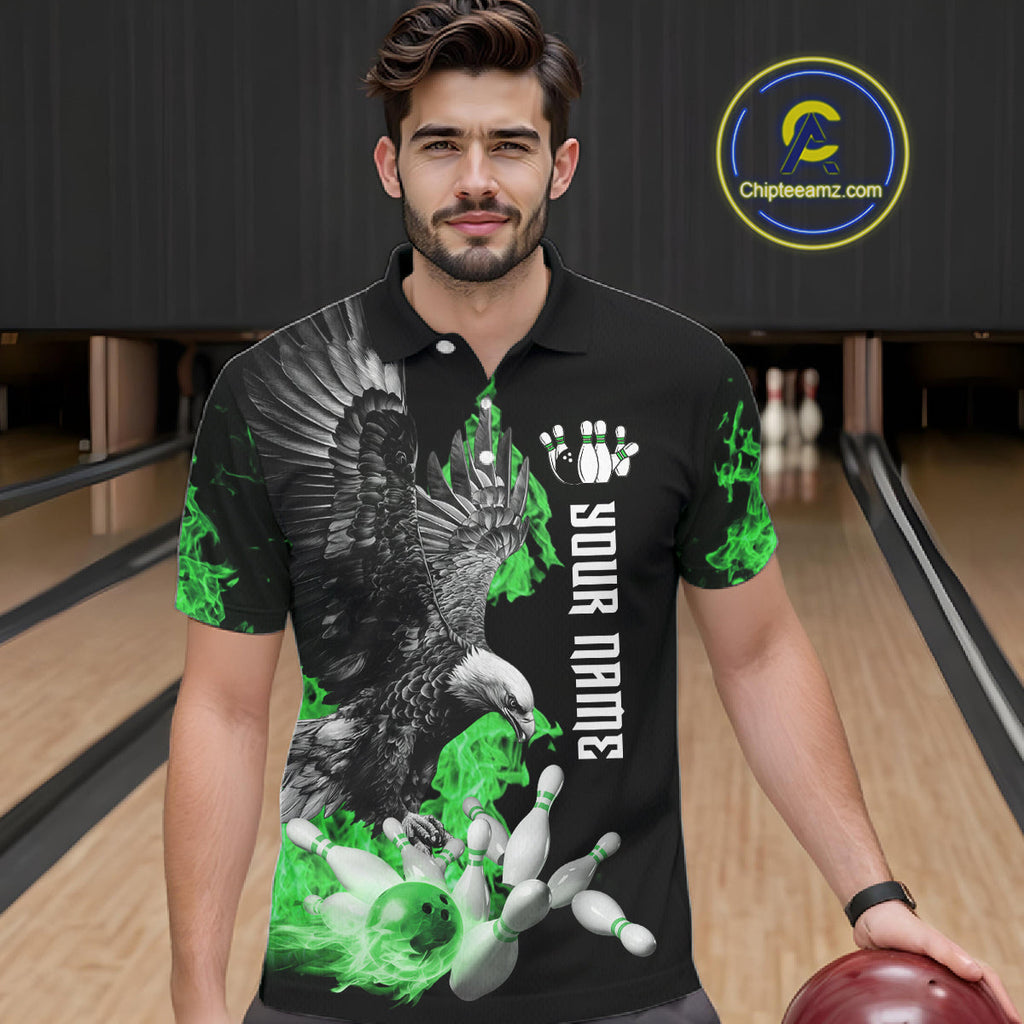 Custom Green Flame Black Eagle Bowling Polo, Quarter Zip Shirt, Team Bowling Clothes