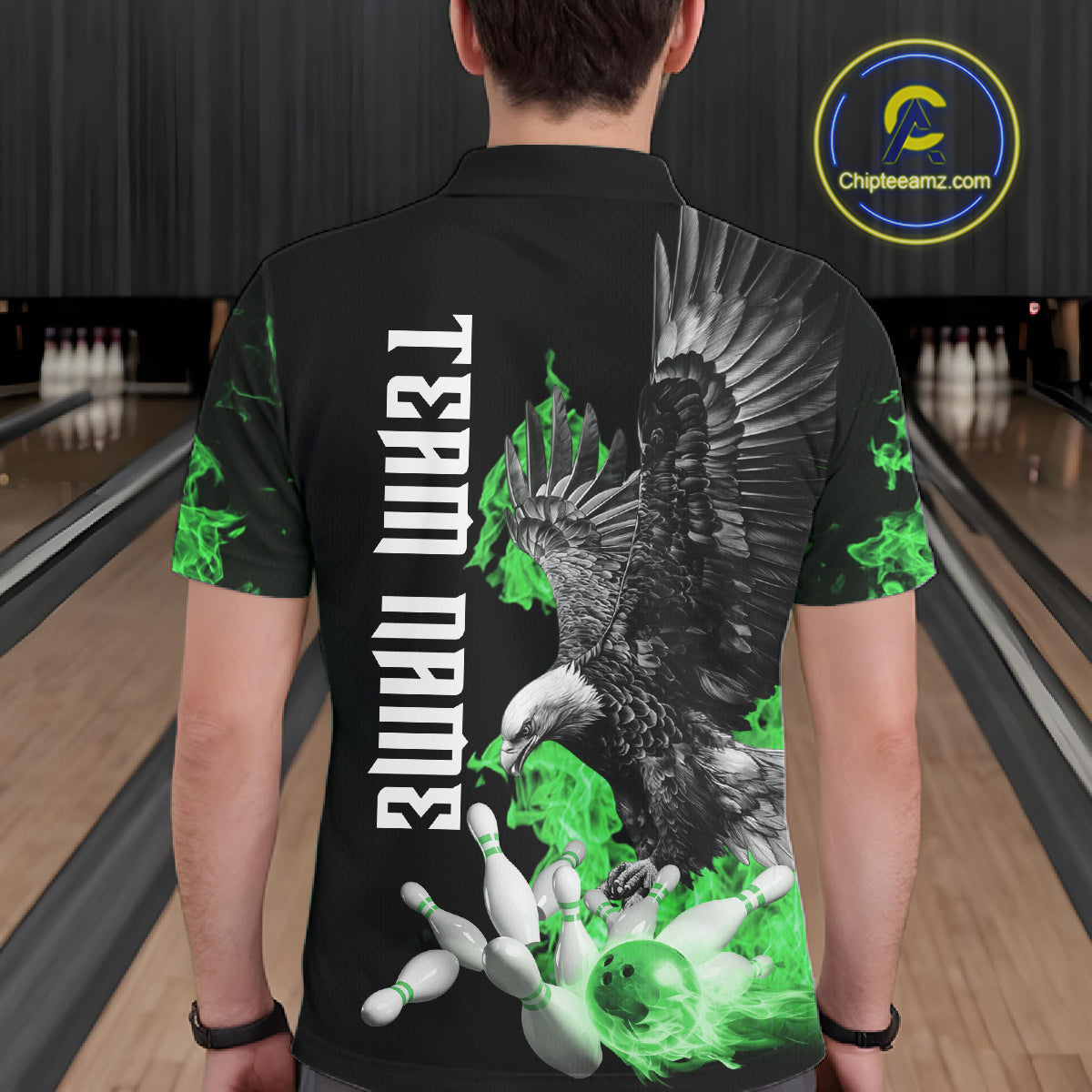 Custom Green Flame Black Eagle Bowling Polo, Quarter Zip Shirt, Team Bowling Clothes