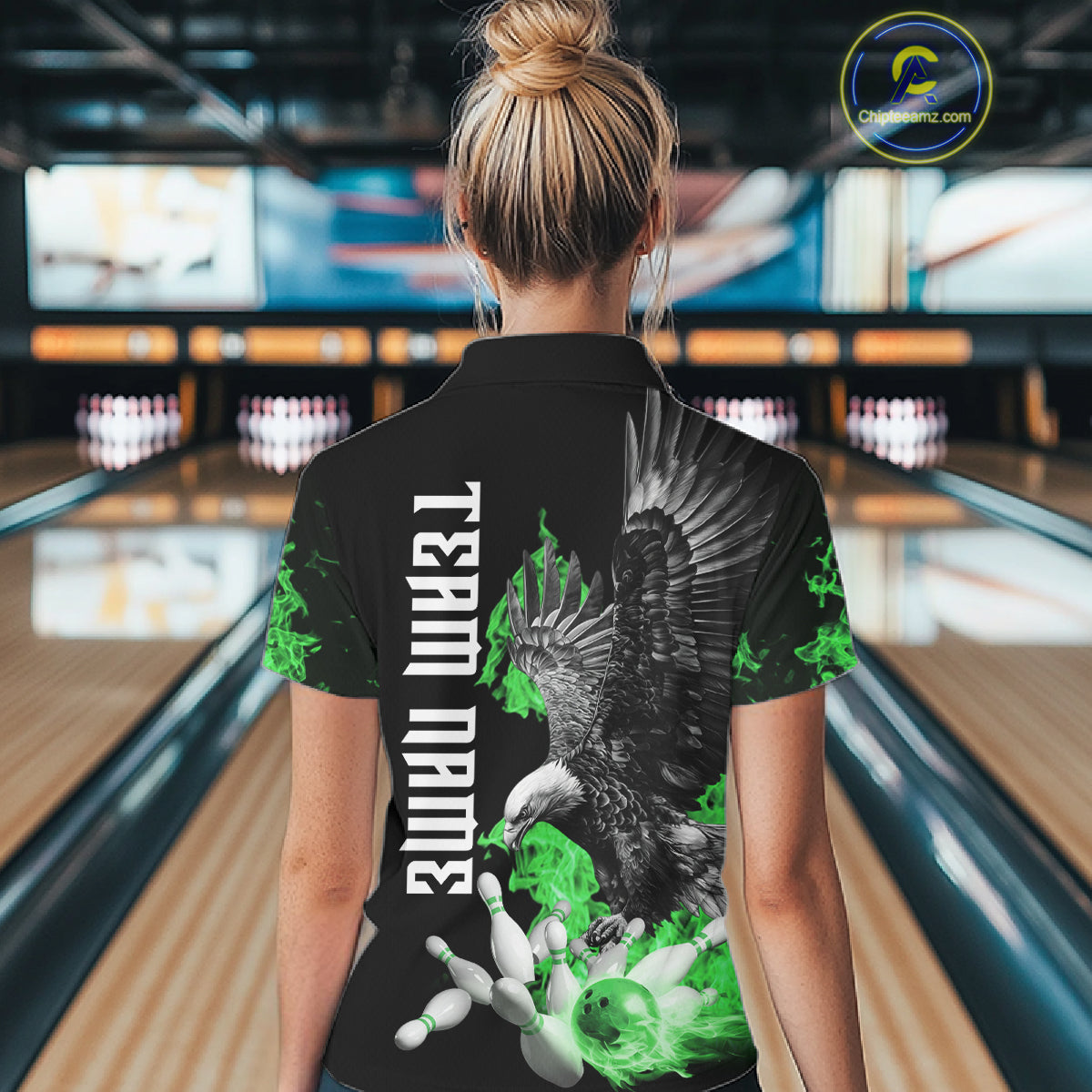 Custom Green Flame Black Eagle Bowling Polo, Quarter Zip Shirt, Team Bowling Clothes