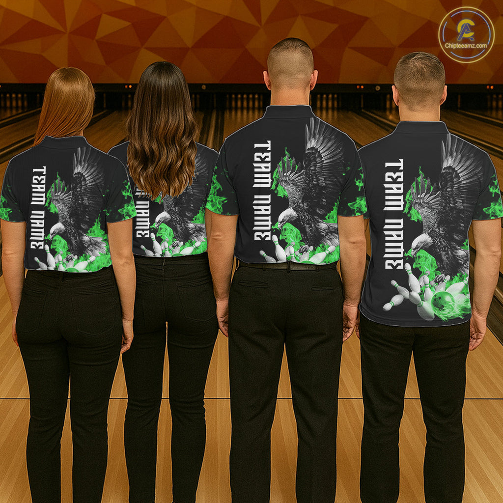 Custom Green Flame Black Eagle Bowling Polo, Quarter Zip Shirt, Team Bowling Clothes