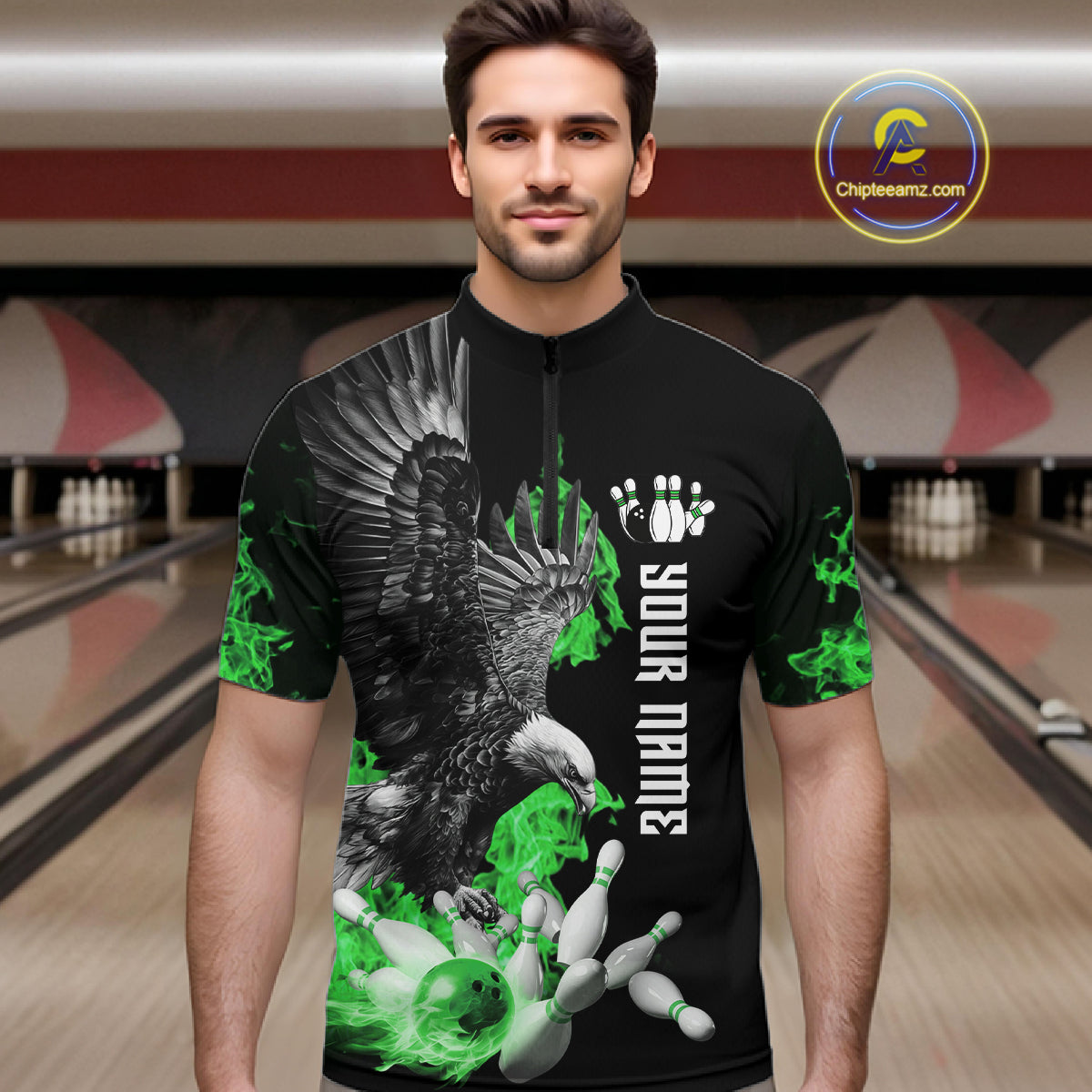 Custom Green Flame Black Eagle Bowling Polo, Quarter Zip Shirt, Team Bowling Clothes