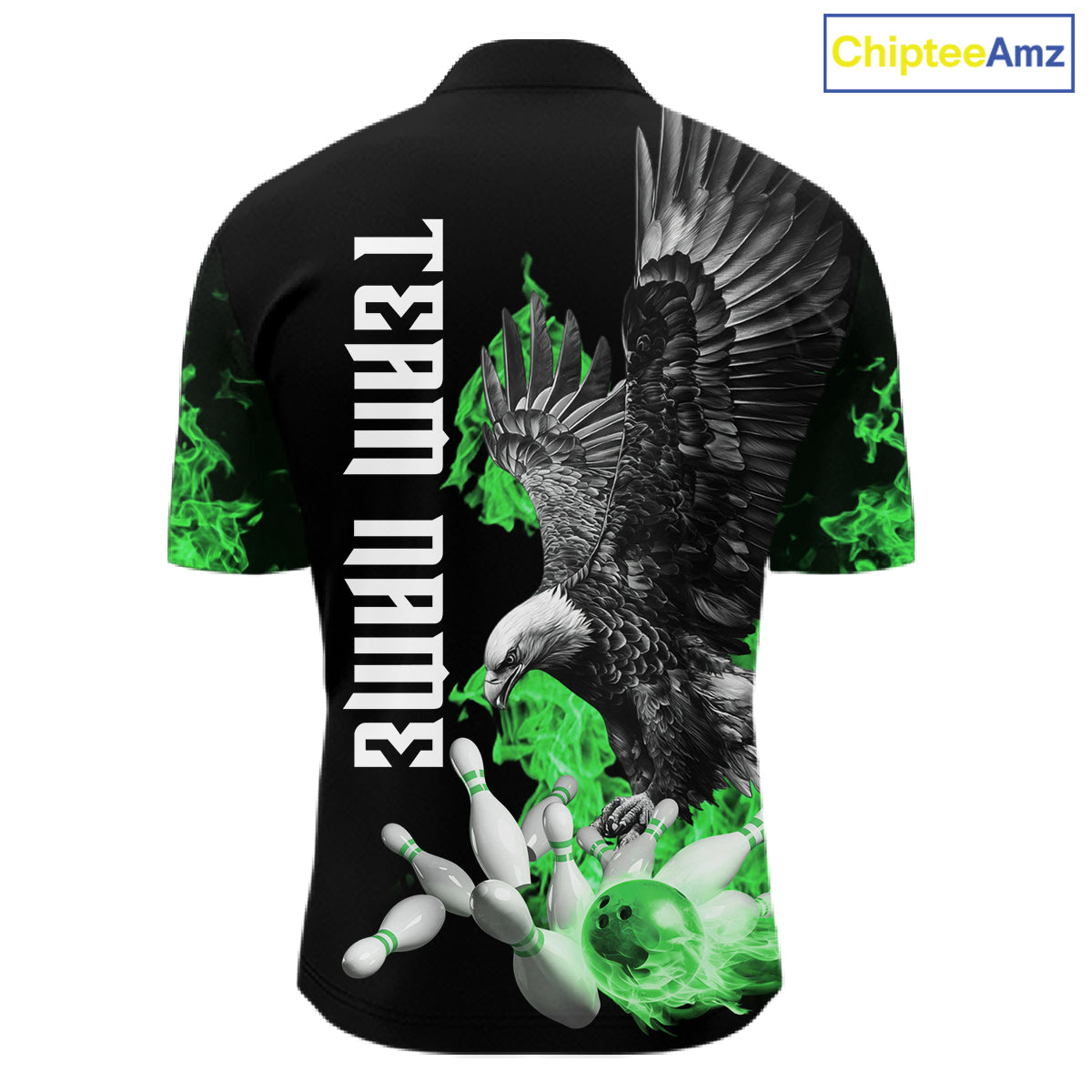 Custom Green Flame Black Eagle Bowling Polo, Quarter Zip Shirt, Team Bowling Clothes