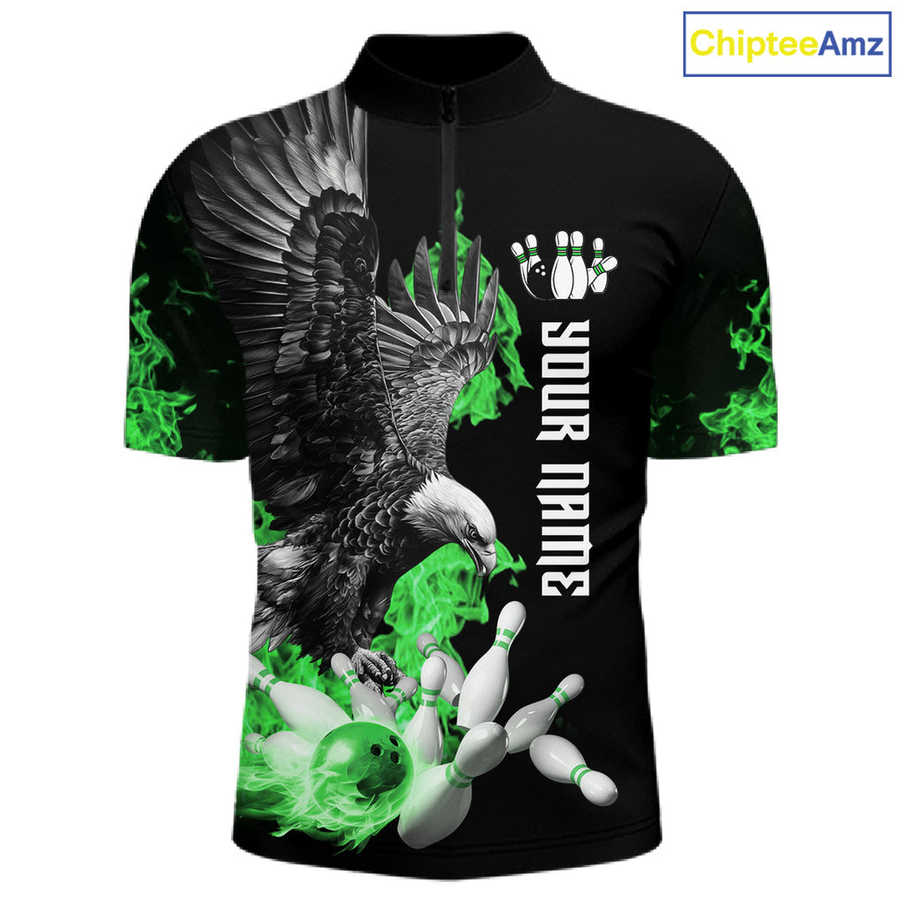 Custom Green Flame Black Eagle Bowling Polo, Quarter Zip Shirt, Team Bowling Clothes