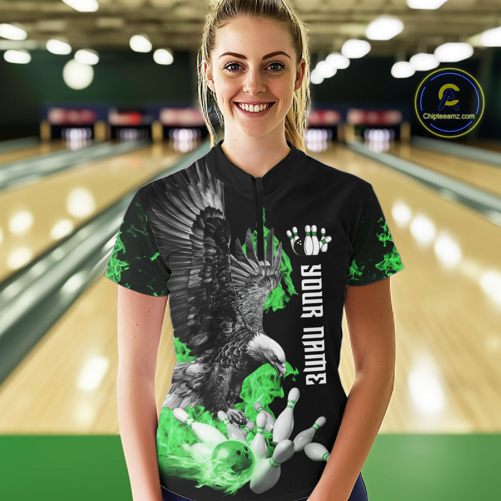 Custom Green Flame Black Eagle Bowling Polo, Quarter Zip Shirt, Team Bowling Clothes