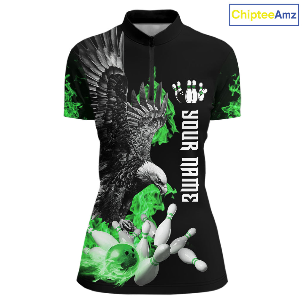 Custom Green Flame Black Eagle Bowling Polo, Quarter Zip Shirt, Team Bowling Clothes