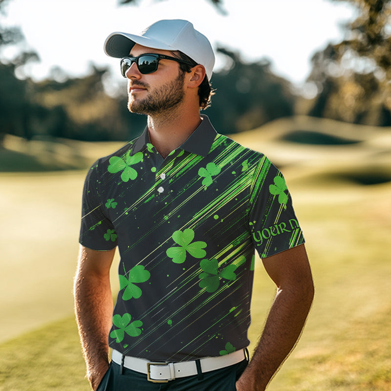 Personalized Black & Green Clover pattern golf polo shirts Custom St Patrick Day golf wear