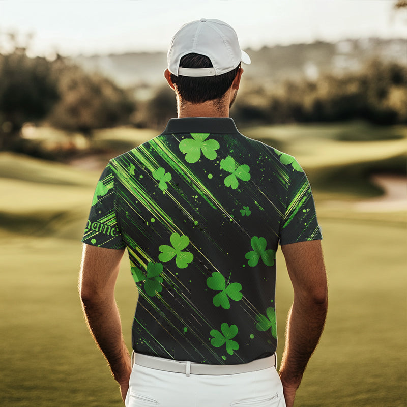 Personalized Black & Green Clover pattern golf polo shirts Custom St Patrick Day golf wear